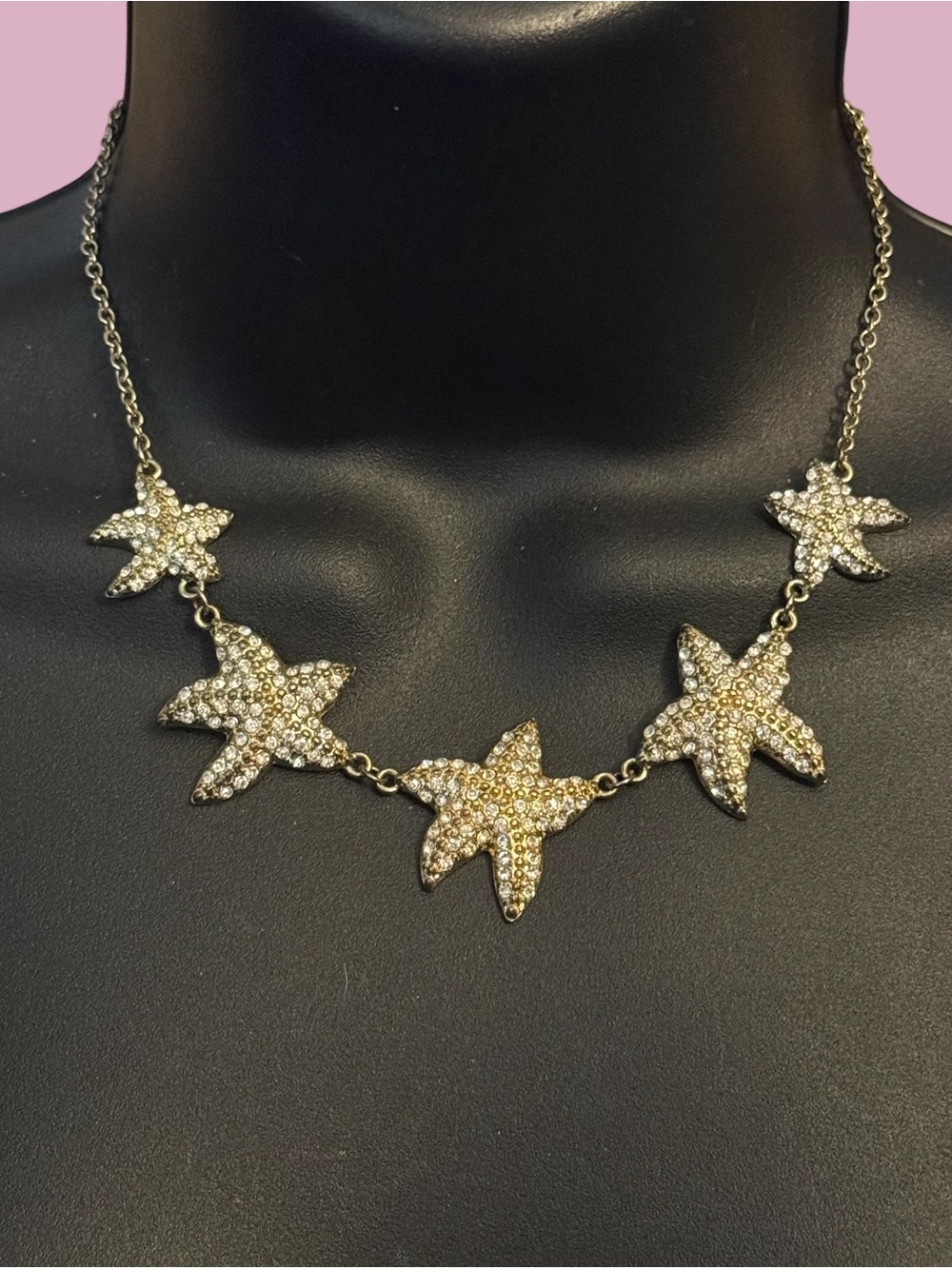 Gold tone rhinestone starfish statement necklace